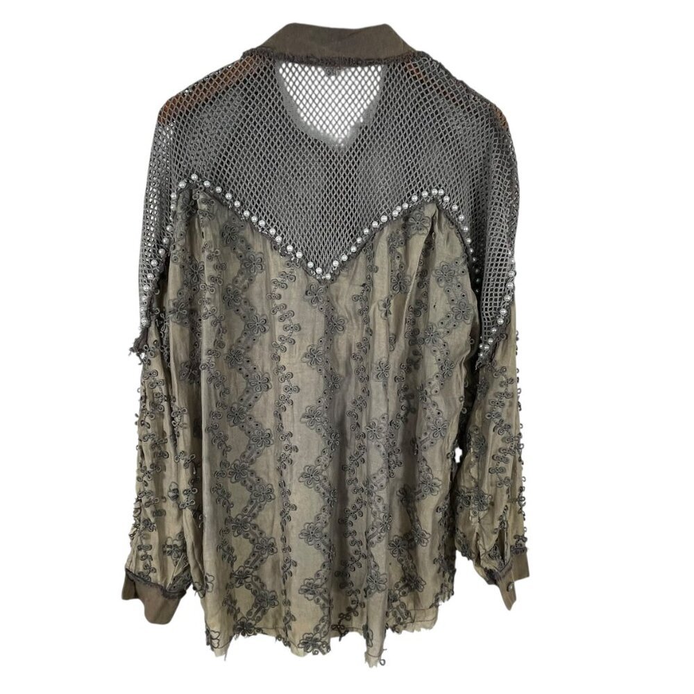 POL Mixed Media Mesh Pearl Embellished Lace Button Down Top M Boho - Picture 3 of 14